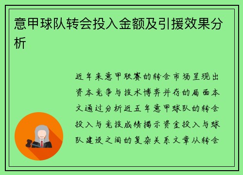 意甲球队转会投入金额及引援效果分析
