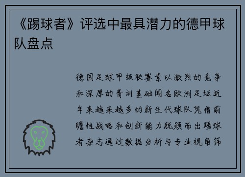 《踢球者》评选中最具潜力的德甲球队盘点